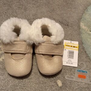 Carter's Shimmery Cream Faux-Fur Trim Baby Slippers